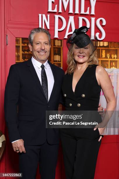 Creator Darren Star and Kim Cattrall attend the "Emily In Paris" by Netflix - Season 3 World Premiere at Theatre Des Champs Elysees on December 06,...