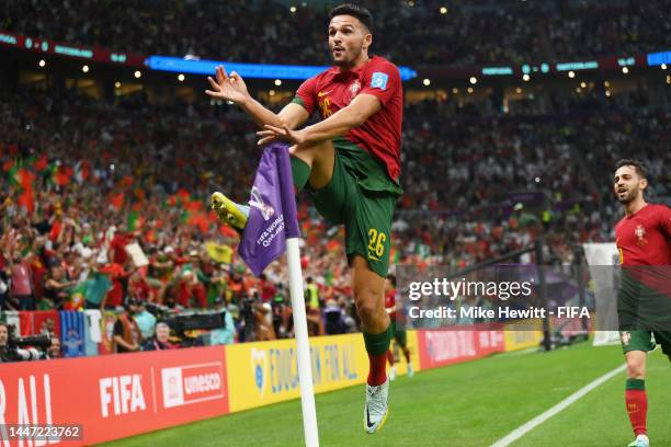 Goncalo Ramos of Portugal celebrates after scoring the team's first goal during the FIFA World Cup Qatar 2022 Round of 16 match between Portugal and...