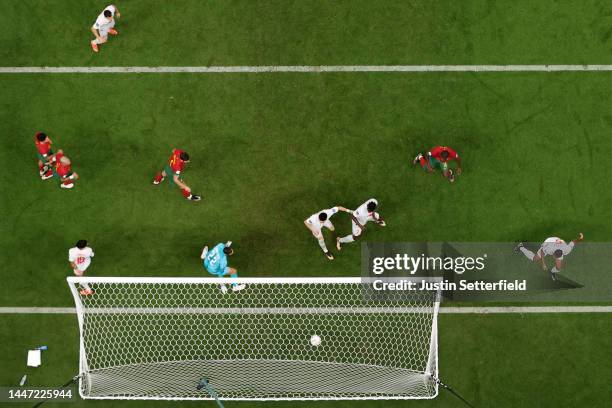 Manuel Akanji of Switzerland scores the team's first goal during the FIFA World Cup Qatar 2022 Round of 16 match between Portugal and Switzerland at...