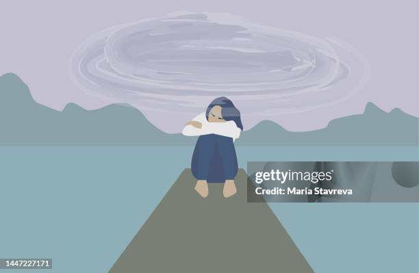 ilustrações, clipart, desenhos animados e ícones de triste mulher solitária em depressãoo conceito de saúde mental. - alternative therapy