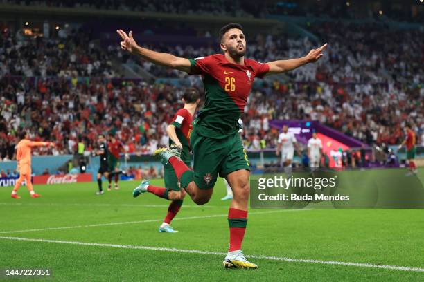 Goncalo Ramos of Portugal celebrates after scoring the team's fifth goal and their hat trick during the FIFA World Cup Qatar 2022 Round of 16 match...