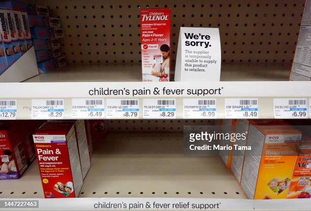 Sign reads 'We're sorry' in a children's pain and fever remedy section of a CVS pharmacy on December 6, 2022 in Burbank, California. Southern...