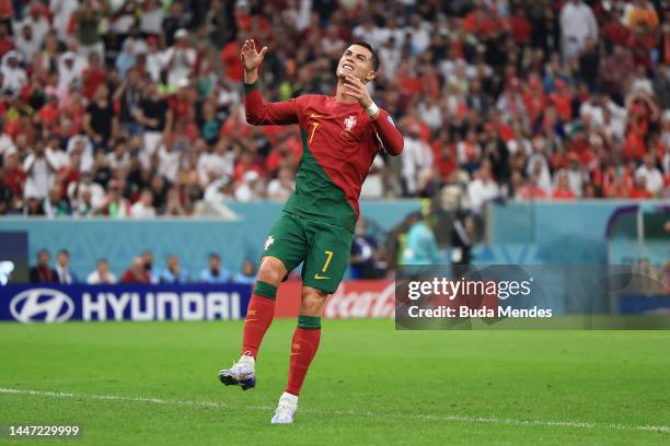 Cristiano Ronaldo of Portugal reacts during the FIFA World Cup Qatar 2022 Round of 16 match between Portugal and Switzerland at Lusail Stadium on...