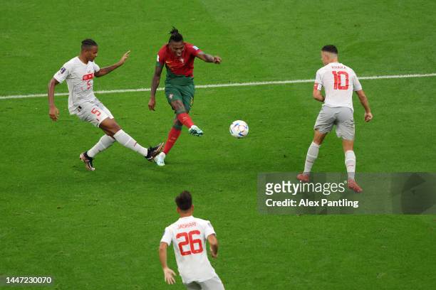 Rafael Leao of Portugal scores the team's sixth goal during the FIFA World Cup Qatar 2022 Round of 16 match between Portugal and Switzerland at...