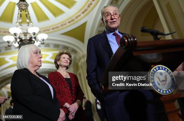 Senate Majority Leader Charles Schumer speaks to reporters following the Senate weekly policy luncheons, at the U.S. Capitol on December 06, 2022 in...