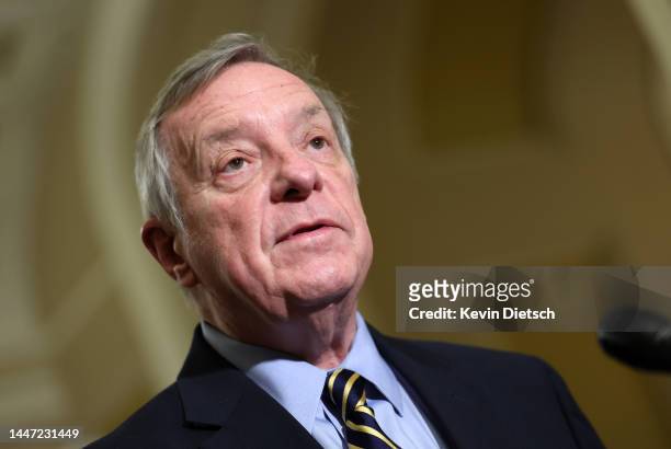 Sen. Richard Durbin speaks to reporters following the Senate weekly policy luncheons, at the U.S. Capitol on December 06, 2022 in Washington, DC....