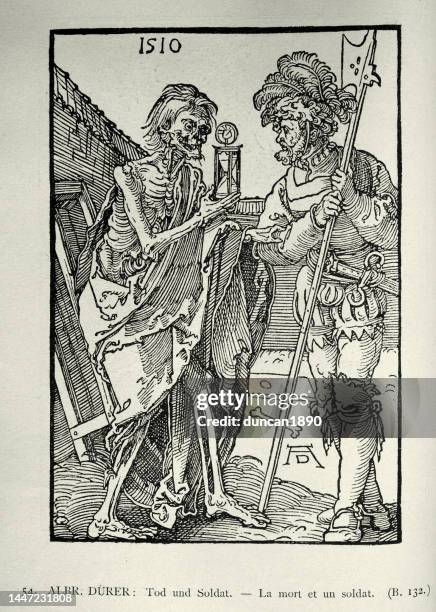 stockillustraties, clipart, cartoons en iconen met death and a soldier by albrecht dürer, etching, german 16th century art - halberd