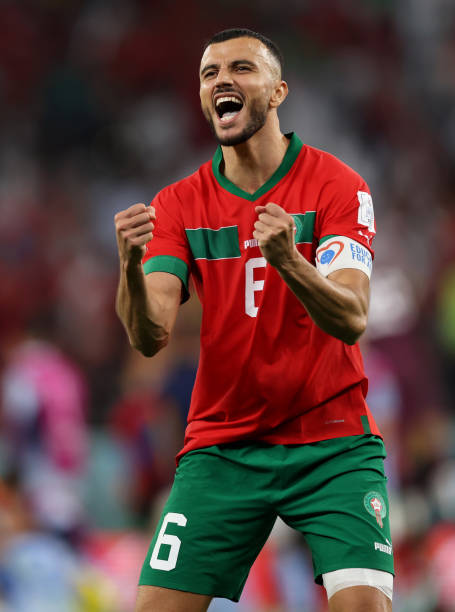 Romain Saiss of Morocco celebrates during the penalty shoot ou during the FIFA World Cup Qatar 2022 Round of 16 match between Morocco and Spain at...
