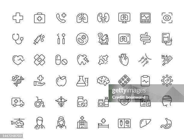ilustraciones, imágenes clip art, dibujos animados e iconos de stock de 48 iconos de líneas de atención médica y medicina. trazo editable. - certificado de inmunización