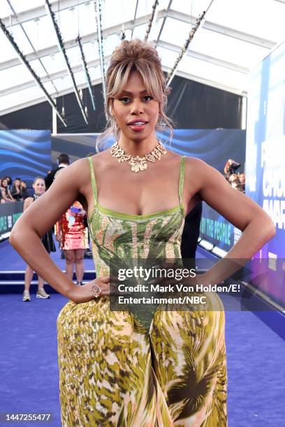 Pictured: Laverne Cox arrives to the 2022 People's Choice Awards held at the Barker Hangar on December 6, 2022 in Santa Monica, California. --
