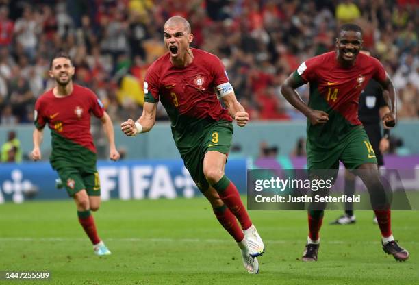 Pepe of Portugal celebrates after scoring the team's second goal during the FIFA World Cup Qatar 2022 Round of 16 match between Portugal and...