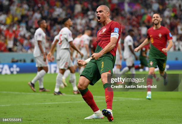 Pepe of Portugal celebrates after scoring the team's second goal during the FIFA World Cup Qatar 2022 Round of 16 match between Portugal and...