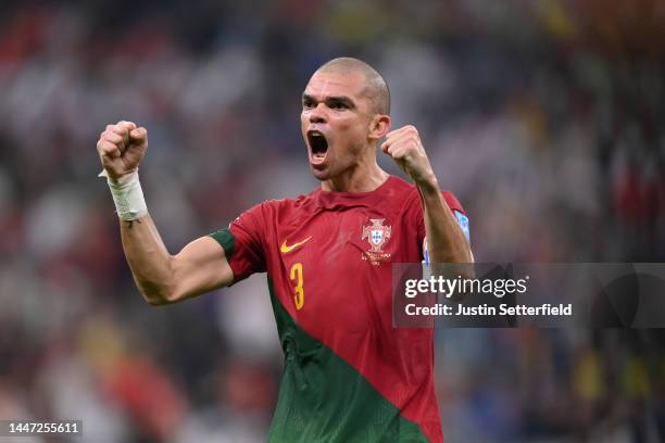 Pepe of Portugal celebrates after scoring the team's second goal during the FIFA World Cup Qatar 2022 Round of 16 match between Portugal and...