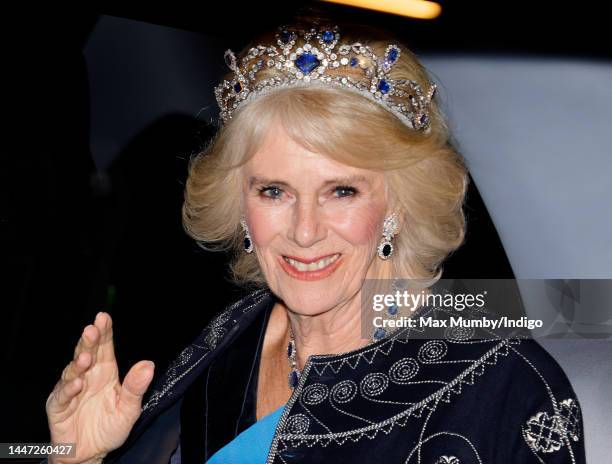 Camilla, Queen Consort arrives at the annual Reception for Members of the Diplomatic Corps at Buckingham Palace on December 6, 2022 in London,...