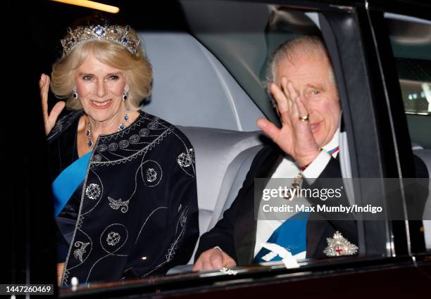 King Charles III and Camilla, Queen Consort arrives at the annual Reception for Members of the Diplomatic Corps at Buckingham Palace on December 6,...