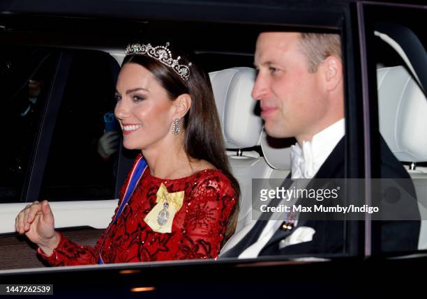 Catherine, Princess of Wales and Prince William, Prince of Wales depart after attending the annual Reception for Members of the Diplomatic Corps at...