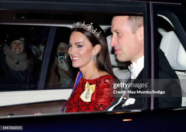 Catherine, Princess of Wales and Prince William, Prince of Wales depart after attending the annual Reception for Members of the Diplomatic Corps at...