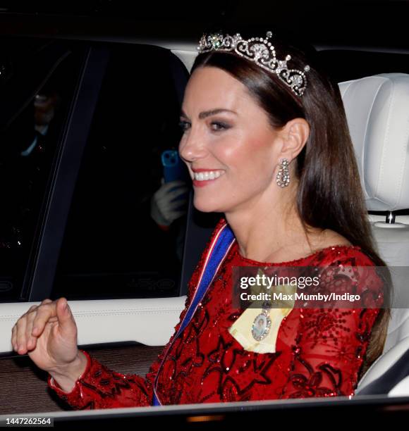 Catherine, Princess of Wales departs after attending the annual Reception for Members of the Diplomatic Corps at Buckingham Palace on December 6,...