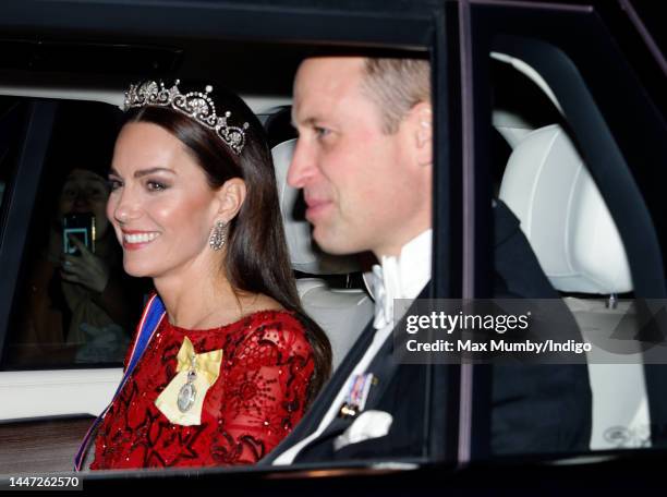 Catherine, Princess of Wales and Prince William, Prince of Wales depart after attending the annual Reception for Members of the Diplomatic Corps at...