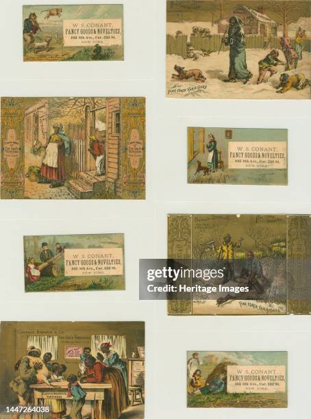 Trade cards depicting a cat playing the fiddle, a cow jumping over the moon, a dog, dish, spoon, window, hay bale, seesaw, and African Americans : in...