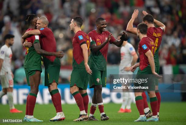 Portugal players Rafael Leao, Pepe, Diogo Dalot, William Carvalho, Raphael Guerreiro and Ruben Dias celebrate after the FIFA World Cup Qatar 2022...