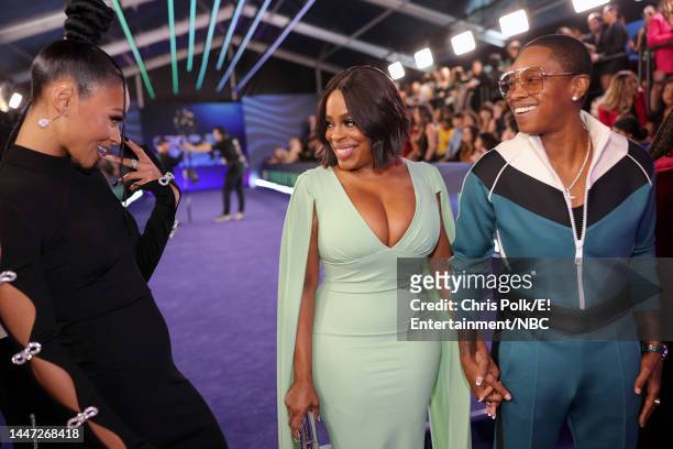 Pictured: Pretty Vee, Niecy Nash-Betts and Jessica Betts arrive to the 2022 People's Choice Awards held at the Barker Hangar on December 6, 2022 in...