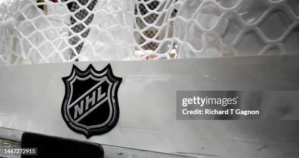 General view of the NHL logo as it hangs from the back of the net before a game between the Boston Bruins and the Vegas Golden Knights at the TD...