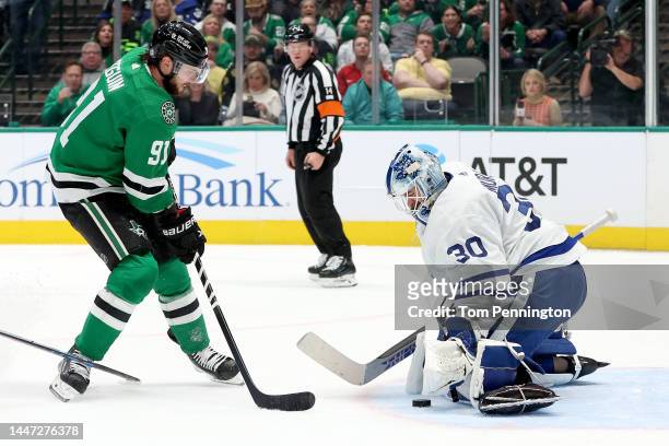 Matt Murray of the Toronto Maple Leafs blocks a shot on goal against Tyler Seguin of the Dallas Stars in the first period at American Airlines Center...