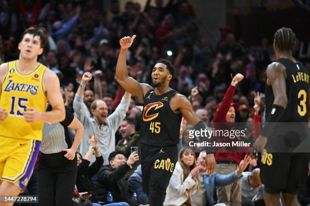 Donovan Mitchell of the Cleveland Cavaliers celebrates after scoring during the fourth quarter against the Los Angeles Lakers at Rocket Mortgage...