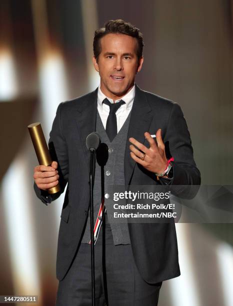 Pictured: Honoree Ryan Reynolds accepts The People's Icon award on stage during the 2022 People's Choice Awards held at the Barker Hangar on December...