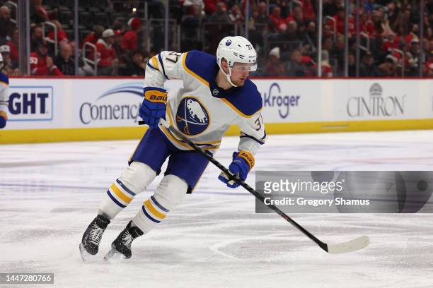 Casey Mittelstadt of the Buffalo Sabres skates against the Detroit Red Wings at Little Caesars Arena on November 30, 2022 in Detroit, Michigan.