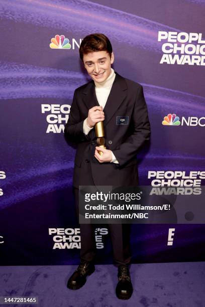 Pictured: Noah Schnapp, winner of The Male TV Star of 2022 award, poses backstage during the 2022 People's Choice Awards held at the Barker Hangar on...