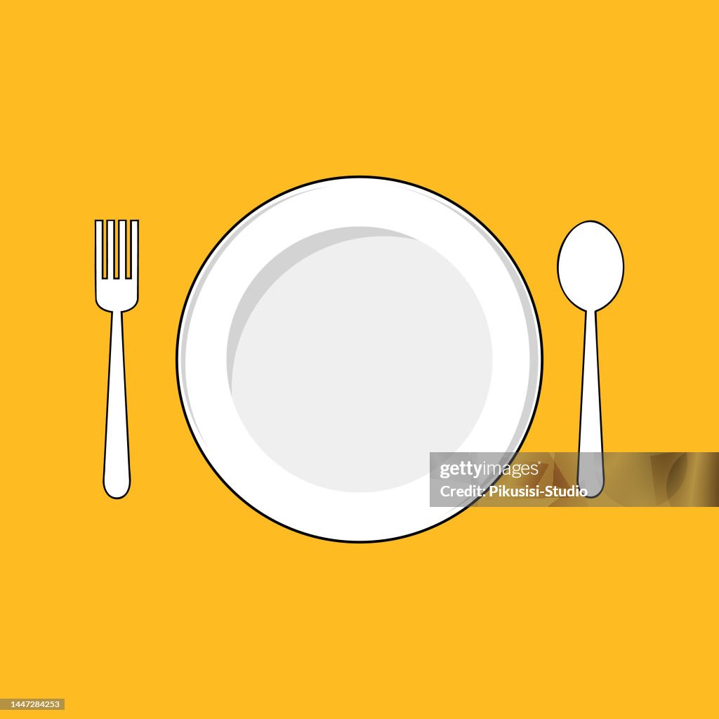 Empty plate with fork and knife, dish icon
