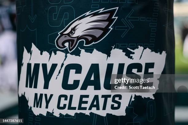 General view of the My Cause My Cleats logo on the Philadelphia Eagles goalpost padding before the game between the Philadelphia Eagles and the...