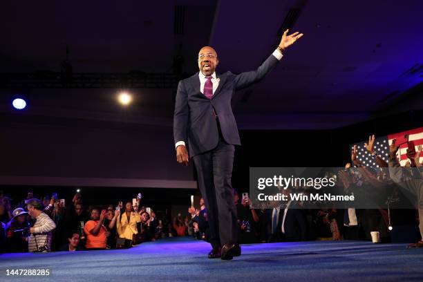 Georgia Democratic Senate candidate U.S. Sen. Raphael Warnock speaks during an election night watch party at the Marriott Marquis on December 6, 2022...