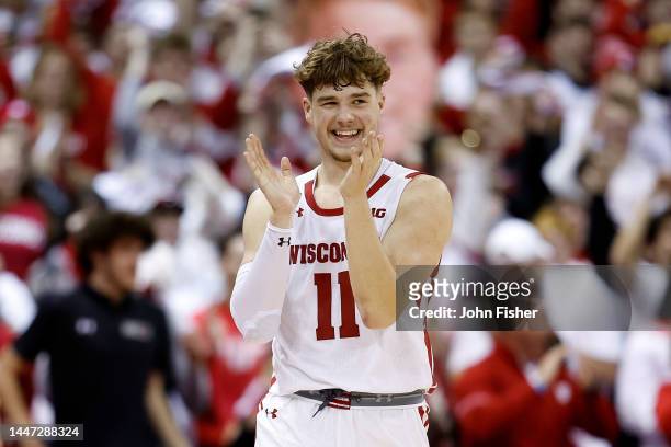 Max Klesmit of the Wisconsin Badgers celebrates as the Wisconsin Badgers defeat the Maryland Terrapins at Kohl Center on December 06, 2022 in...