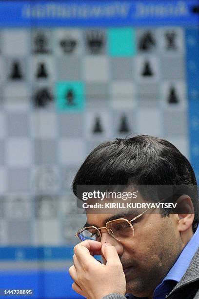 India's Vishwanathan Anand reacts during a FIDE World chess championship match against Israel's Boris Gelfand in State Tretyakovsky Gallery in Moscow...