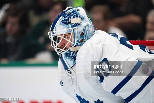 Matt Murray of the Toronto Maple Leafs watches play during the first period against the Dallas Stars at American Airlines Center on December 06, 2022...