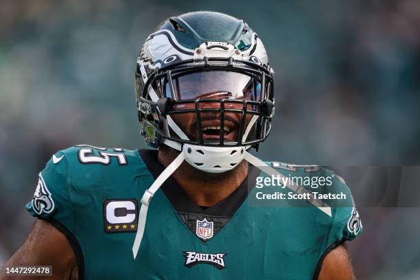 Brandon Graham of the Philadelphia Eagles reacts before the game against the Tennessee Titans at Lincoln Financial Field on December 4, 2022 in...