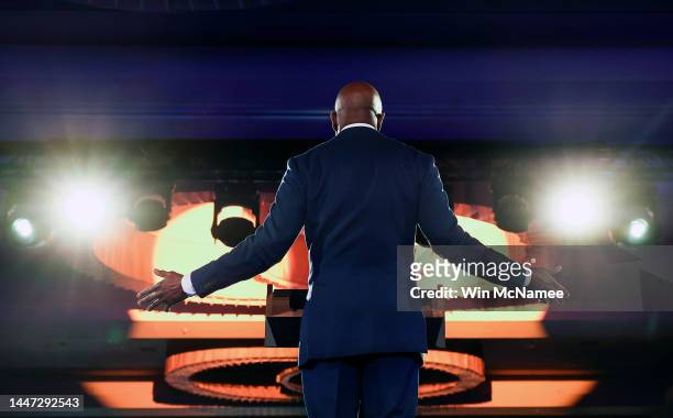 Georgia Democratic Senate candidate U.S. Sen. Raphael Warnock speaks during an election night watch party at the Marriott Marquis on December 6, 2022...
