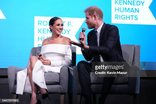 Meghan, Duchess of Sussex and Prince Harry, Duke of Sussex speak onstage at the 2022 Robert F. Kennedy Human Rights Ripple of Hope Gala at New York...