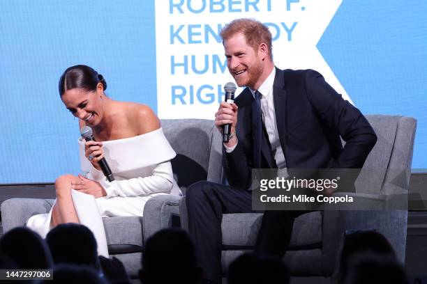 Meghan, Duchess of Sussex and Prince Harry, Duke of Sussex speak onstage at the 2022 Robert F. Kennedy Human Rights Ripple of Hope Gala at New York...