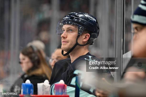 Jamie Oleksiak of the Seattle Kraken looks on while in the penalty box during the third period against the Montreal Canadiens at Climate Pledge Arena...