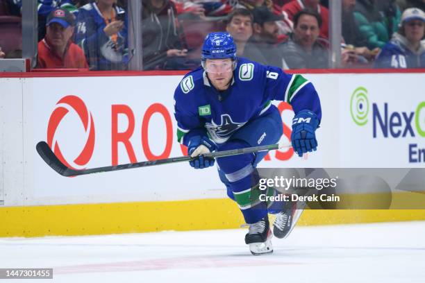 Brock Boeser of the Vancouver Canucks skates up ice during the second period of their NHL game against the Montréal Canadiens at Rogers Arena on...