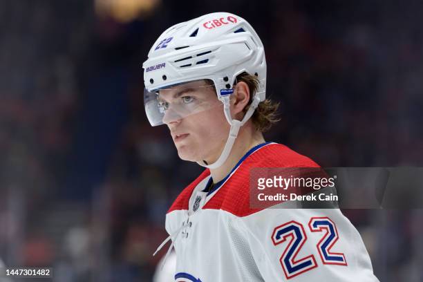 Cole Caufield of the Montréal Canadiens waits for a face-off during the second period of their NHL game against the Vancouver Canucks at Rogers Arena...