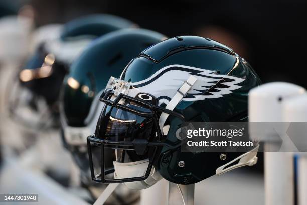 General view of Philadelphia Eagles helmets on the bench during the second half of the game between the Philadelphia Eagles and the Tennessee Titans...