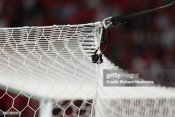Net remote camera that captures photos from inside the goal is seen during the FIFA World Cup Qatar 2022 Round of 16 match between Morocco and Spain...