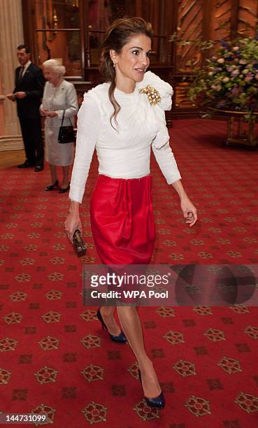Queen Rania of Jordan arrives at a lunch For Sovereign Monarchs in honour of Queen Elizabeth II's Diamond Jubilee, at Windsor Castle, on May 18, 2012...