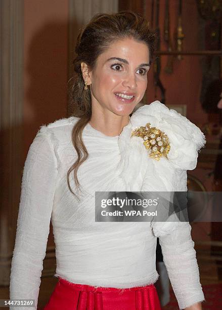 Queen Rania of Jordan arrives at a lunch for Sovereign Monarch's held in honour of Queen Elizabeth II's Diamond Jubilee, at Windsor Castle, on May...