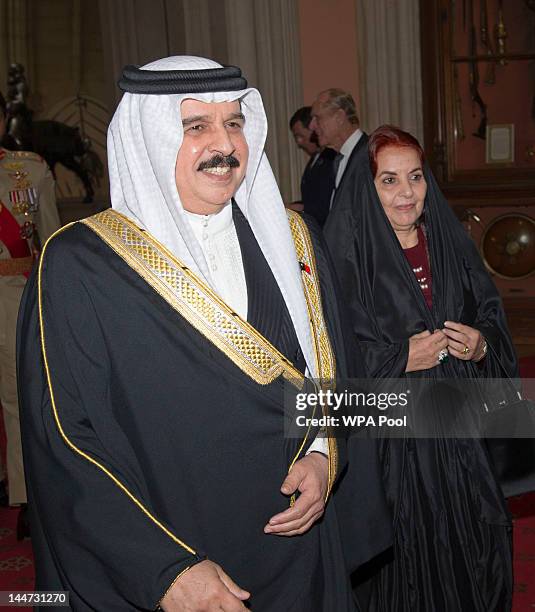 The King of Bahrain Hamad bin Isa Al Khalifa and Princess Sabeeka arrive at a lunch for Sovereign Monarch's held in honour of Queen Elizabeth II's...